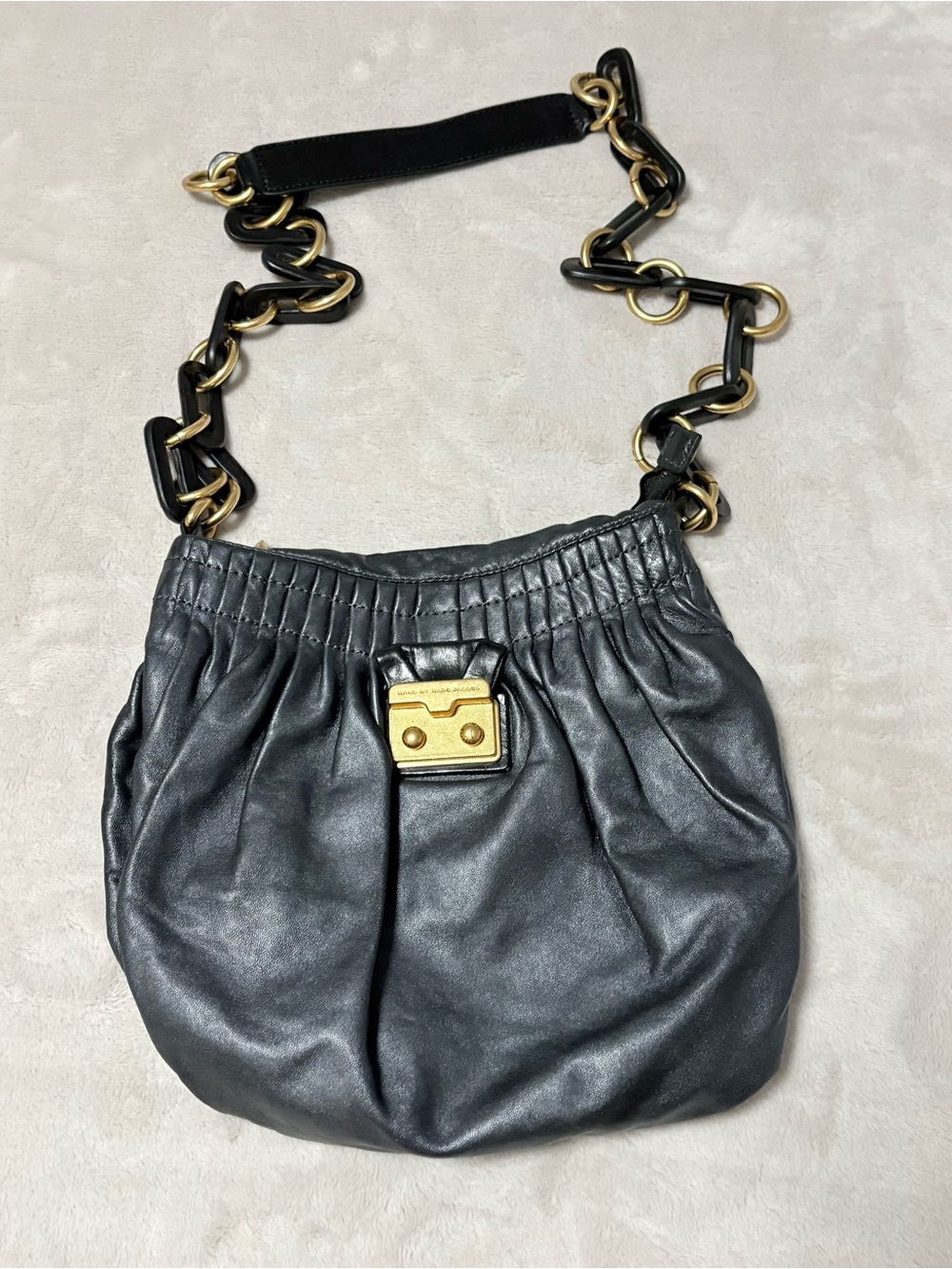 Marc By Marc Jacobs Single Strap Metallic Hobo Handbag Gray Black Leather Chain
